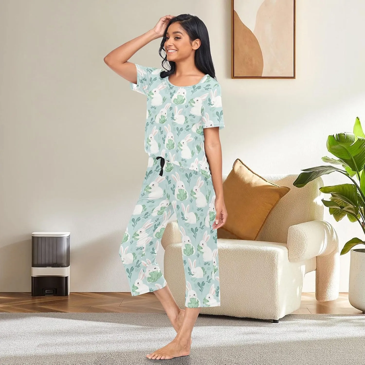Women's Pajama Set Cute Animal Bunny Cabbage Sleepwear Soft Pjs Lounge Sets Short Sleeve with Pockets S-XXL