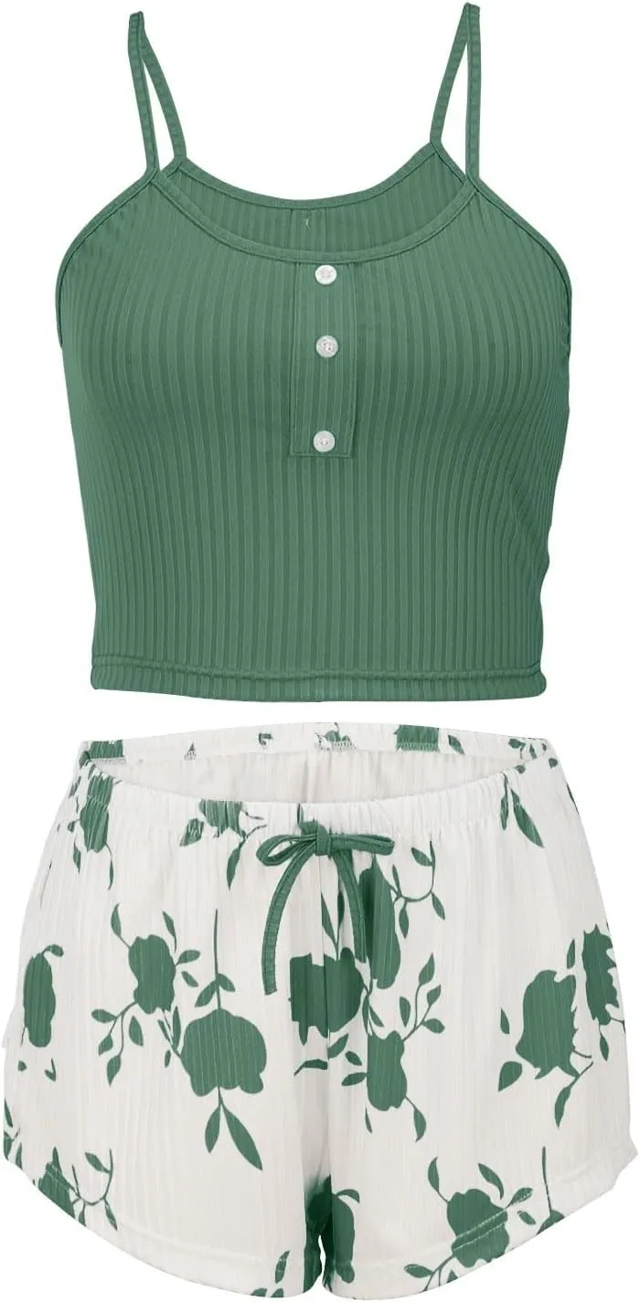 Womens Pajama Sets 2 Piece Soft Tank Top & Cute Print Elastic Waist Shorts Camisole Lounge Set