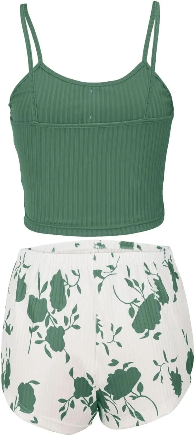 Womens Pajama Sets 2 Piece Soft Tank Top & Cute Print Elastic Waist Shorts Camisole Lounge Set