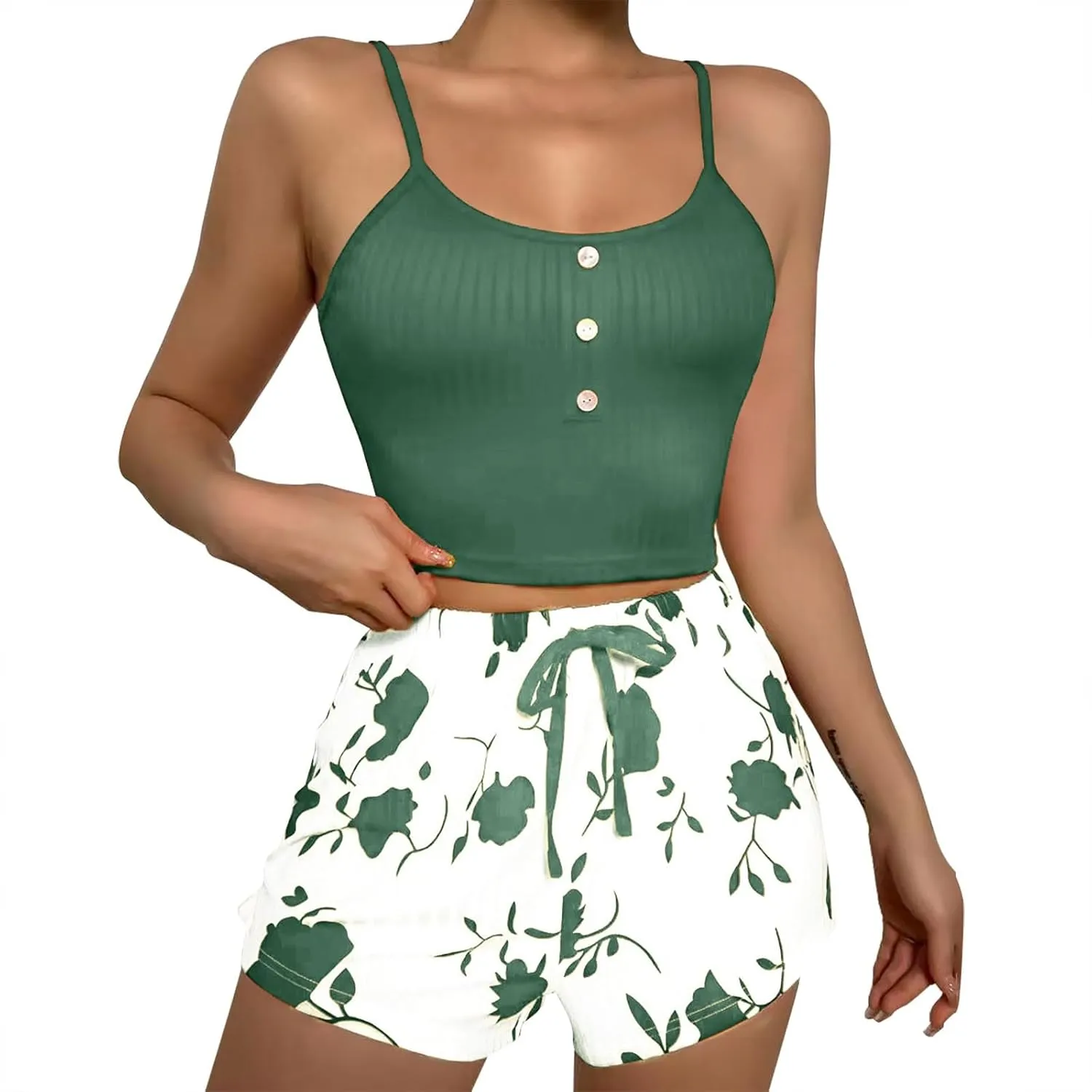 Womens Pajama Sets 2 Piece Soft Tank Top & Cute Print Elastic Waist Shorts Camisole Lounge Set