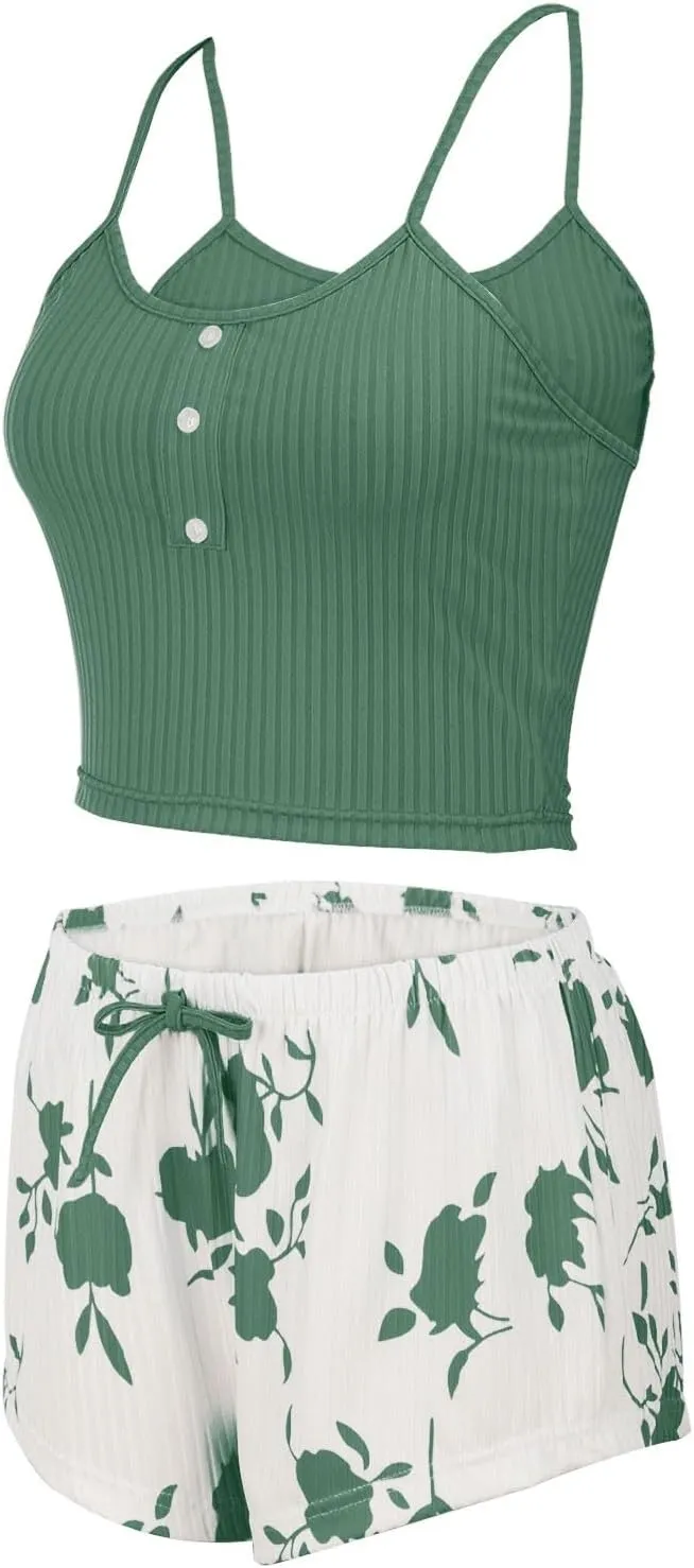 Womens Pajama Sets 2 Piece Soft Tank Top & Cute Print Elastic Waist Shorts Camisole Lounge Set