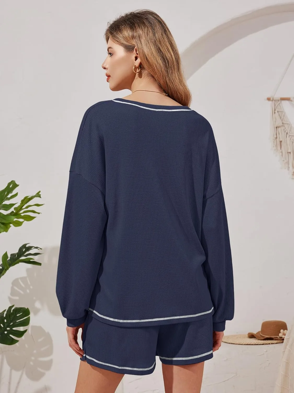 Womens Pajama Sets Waffle Knit Long Sleeve Tops and Shorts Matching Lounge Set Loungewear with Pockets S-XXL