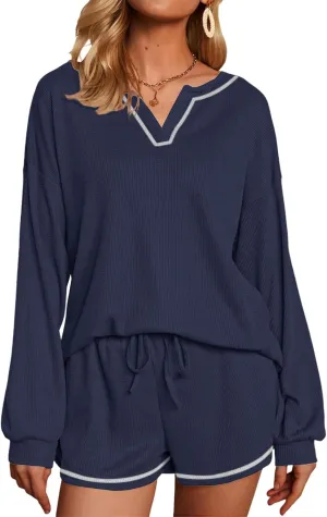 Womens Pajama Sets Waffle Knit Long Sleeve Tops and Shorts Matching Lounge Set Loungewear with Pockets S-XXL