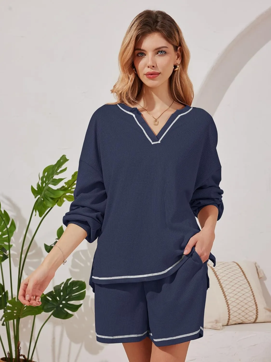 Womens Pajama Sets Waffle Knit Long Sleeve Tops and Shorts Matching Lounge Set Loungewear with Pockets S-XXL