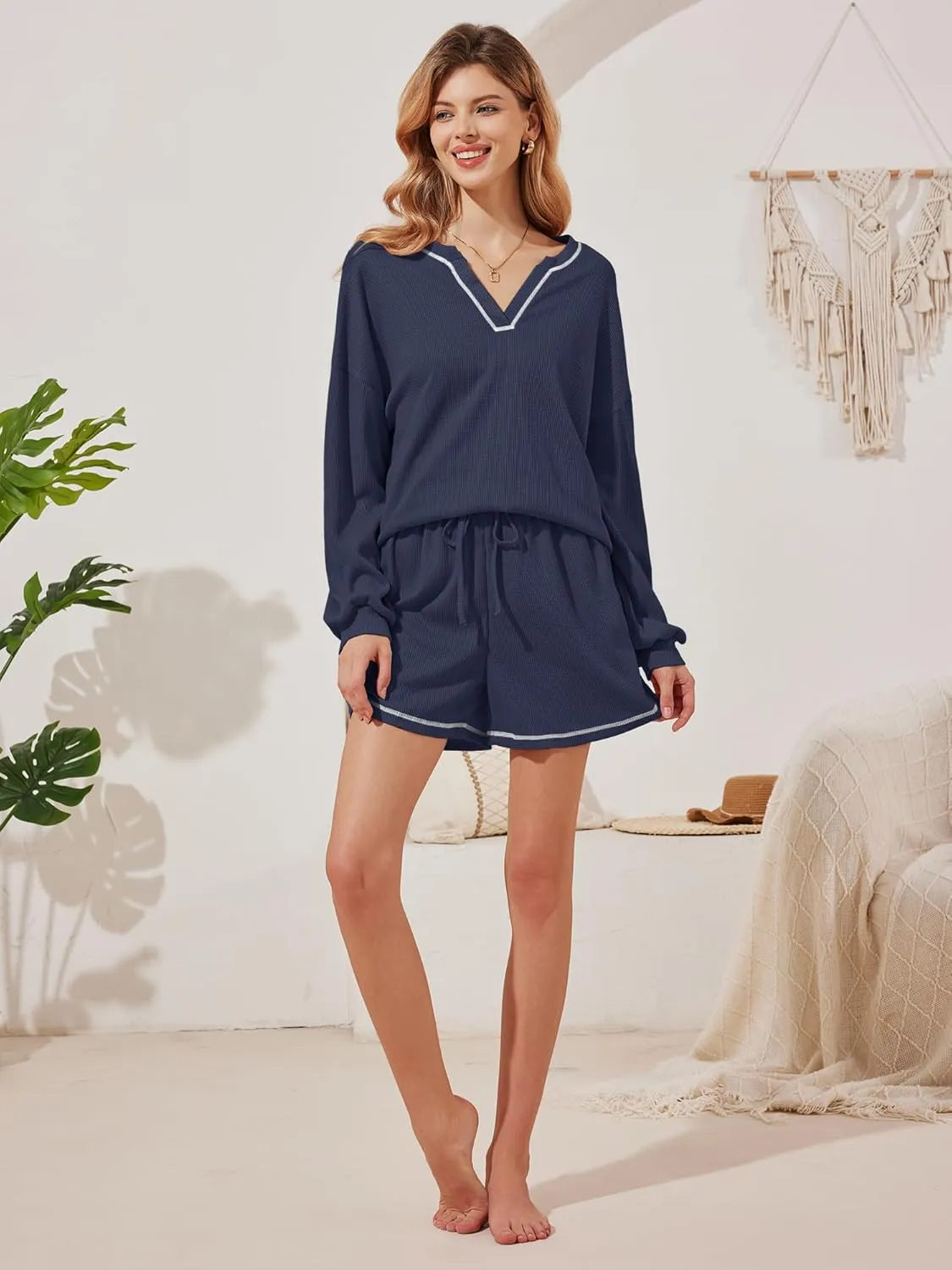 Womens Pajama Sets Waffle Knit Long Sleeve Tops and Shorts Matching Lounge Set Loungewear with Pockets S-XXL
