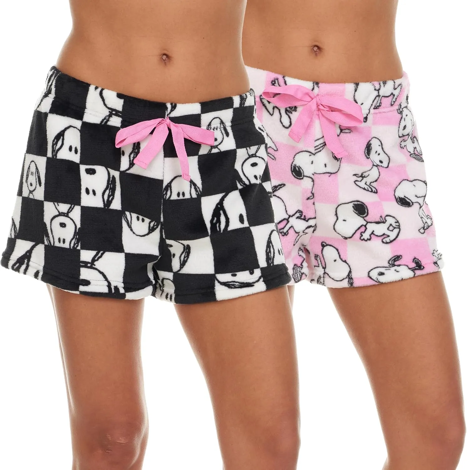 Womens Sleep Shorts - 2 Pack Peanuts Snoopy Plush Fleece Pajama Shorts for Women with Drawstring Waist (S-XL)