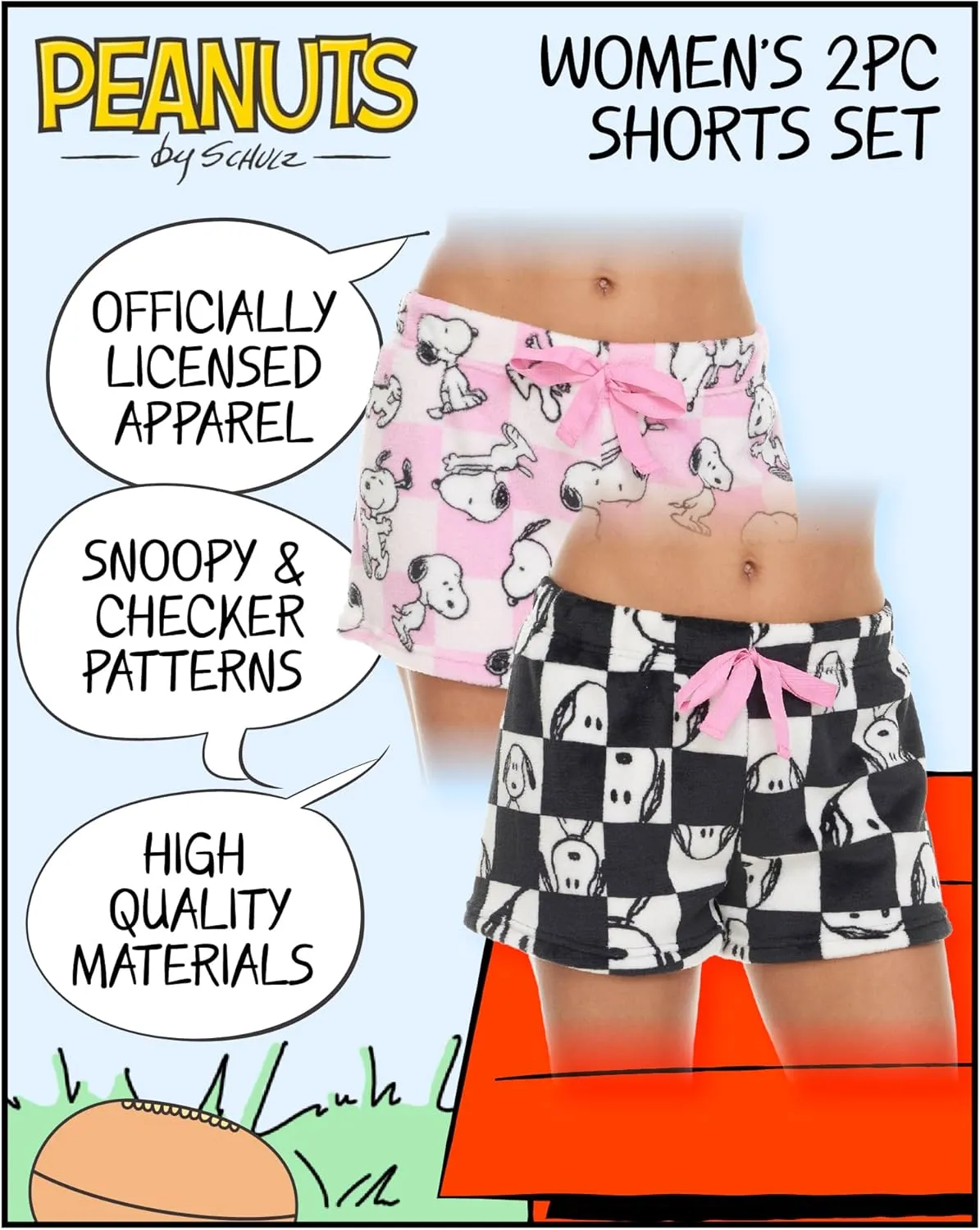 Womens Sleep Shorts - 2 Pack Peanuts Snoopy Plush Fleece Pajama Shorts for Women with Drawstring Waist (S-XL)