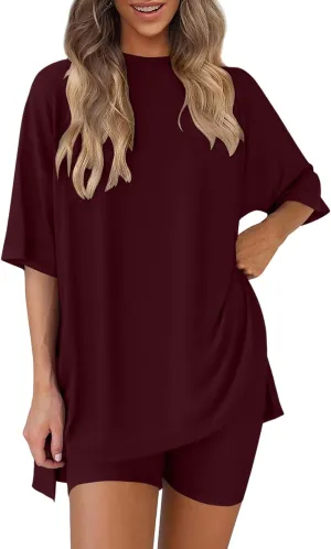 Womens Two Piece Lounge Sets Casual Summer Outfits 2 Piece Oversized Tee and Shorts Leggings Matching Clothing Set