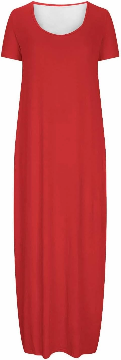 Womens Dress 2024 Fashion Casual Crewneck Solid Flowy Swing Long Tunic Top Dress with Pocket Short Sleeve Maxi Dress