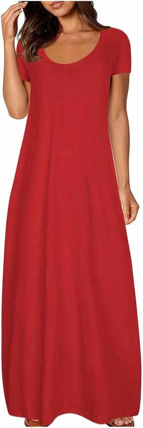 Womens Dress 2024 Fashion Casual Crewneck Solid Flowy Swing Long Tunic Top Dress with Pocket Short Sleeve Maxi Dress