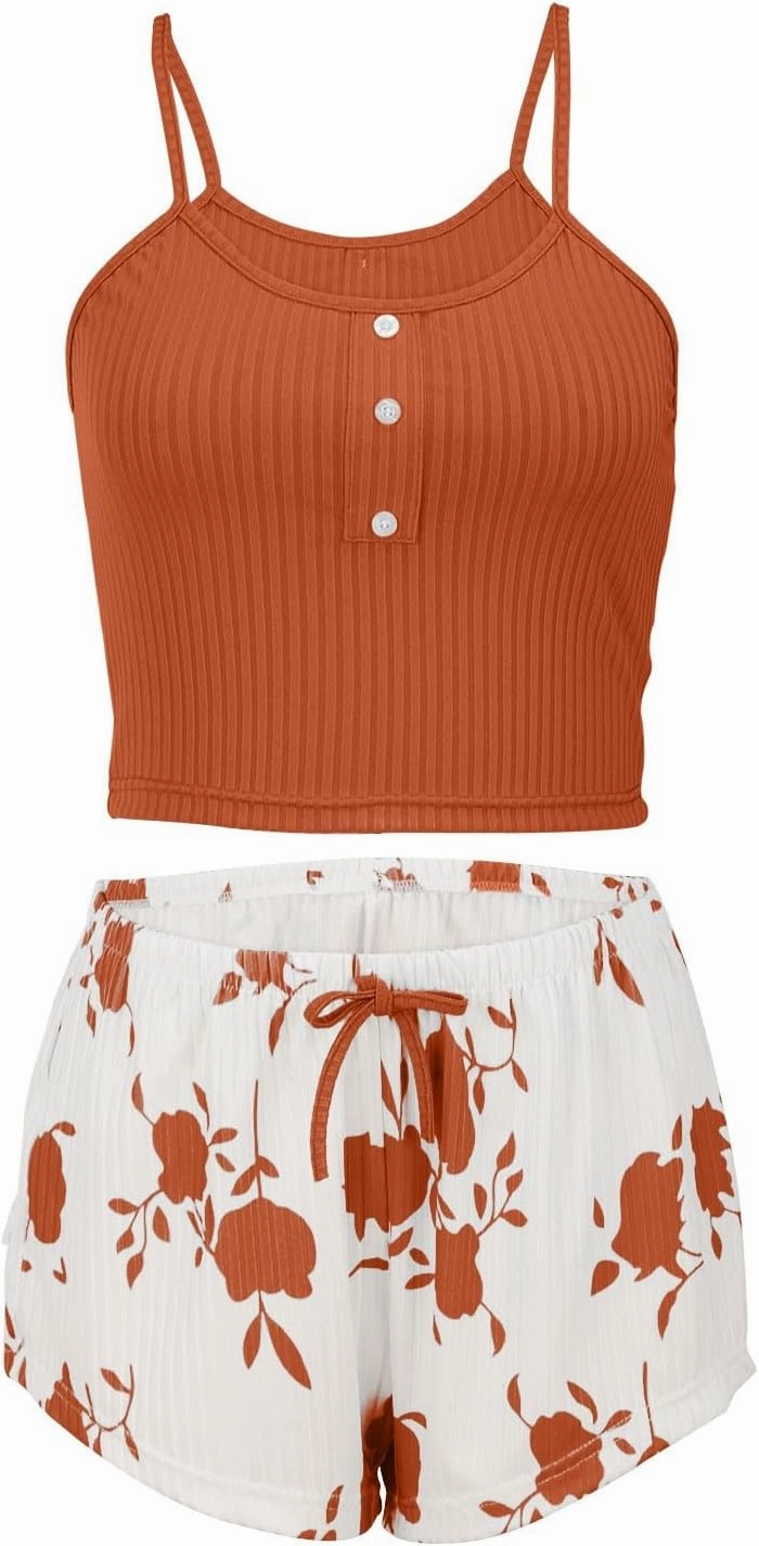 Womens Pajama Sets 2 Piece Soft Tank Top & Cute Print Elastic Waist Shorts Camisole Lounge Set
