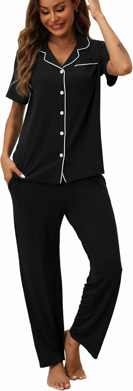 Womens Pajamas Sets 2 Piece Button Up Pj Sets Short Sleeve with Long Pant