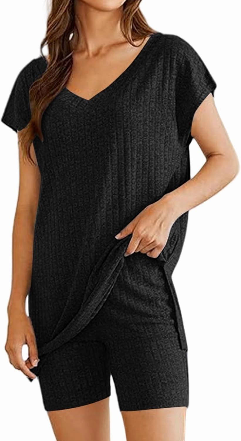 Womens Pajamas Summer 2 Piece Sets Knit Loungewear V Neck Cap Sleeve Workout Sets Biker Shorts Tracksuit