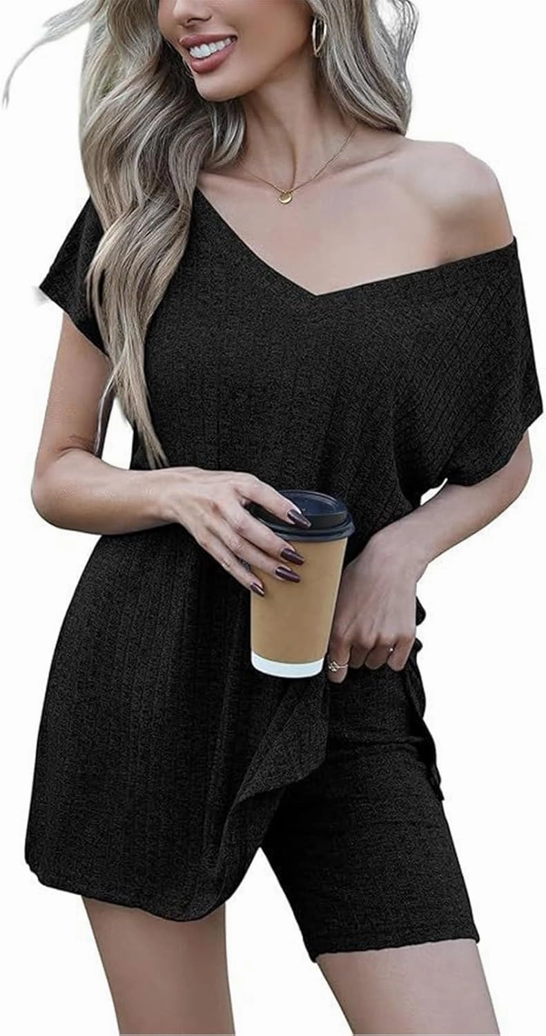Womens Pajamas Summer 2 Piece Sets Knit Loungewear V Neck Cap Sleeve Workout Sets Biker Shorts Tracksuit