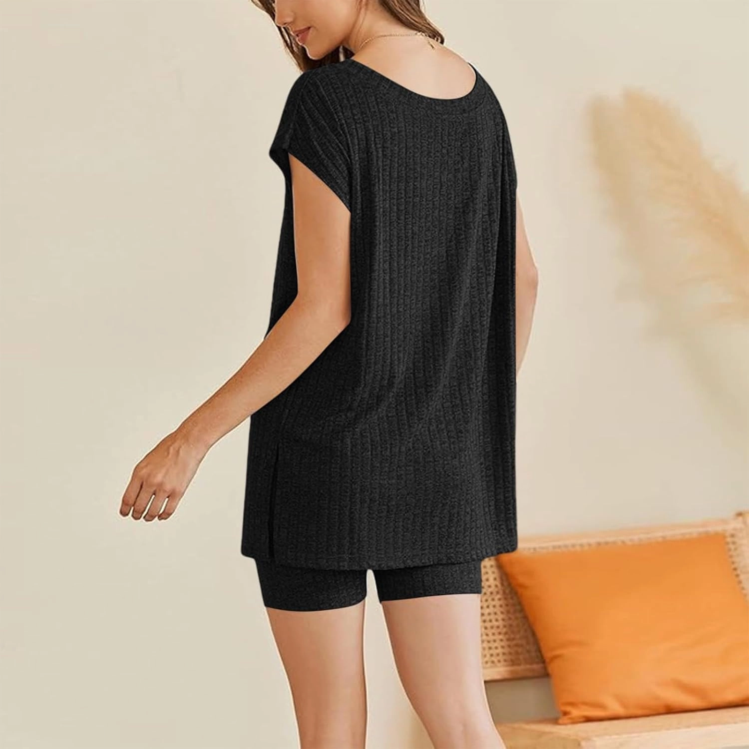 Womens Pajamas Summer 2 Piece Sets Knit Loungewear V Neck Cap Sleeve Workout Sets Biker Shorts Tracksuit