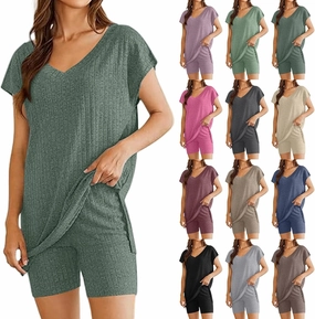 Womens Pajamas Summer 2 Piece Sets Knit Loungewear V Neck Cap Sleeve Workout Sets Biker Shorts Tracksuit