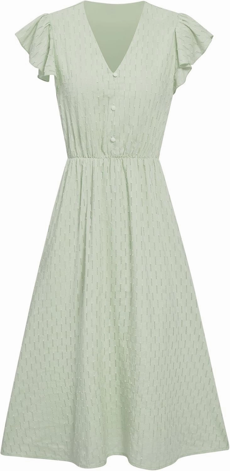 Womens V Neck Short Sleeve Dresses Solid Color Casual Ruffle A Line Midi Dress Flowy Beach Dresses with Button