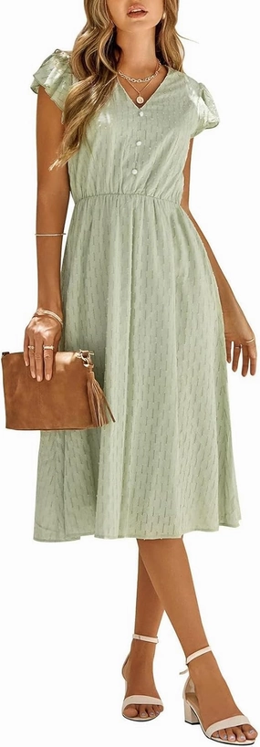 Womens V Neck Short Sleeve Dresses Solid Color Casual Ruffle A Line Midi Dress Flowy Beach Dresses with Button