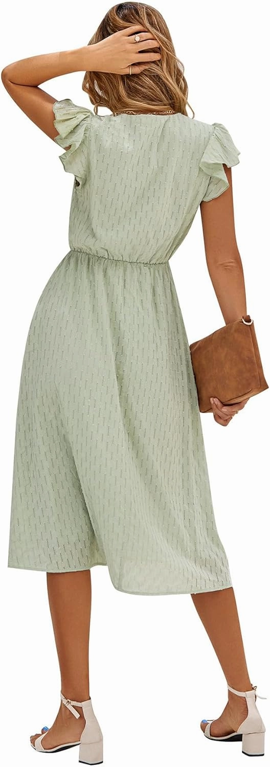 Womens V Neck Short Sleeve Dresses Solid Color Casual Ruffle A Line Midi Dress Flowy Beach Dresses with Button