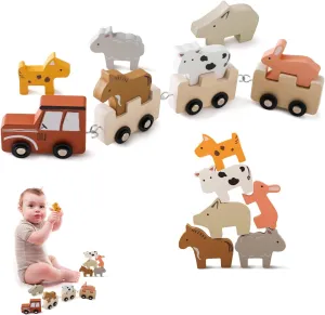 Wooden Train Set Toddler Toys for 3-5 Year Montessori Animal Figurines Train Toy Set Preschool Learning Activities Toys for Kids, Birthday Gift for Toddlers & Kids Aged 3  (10 PCS)