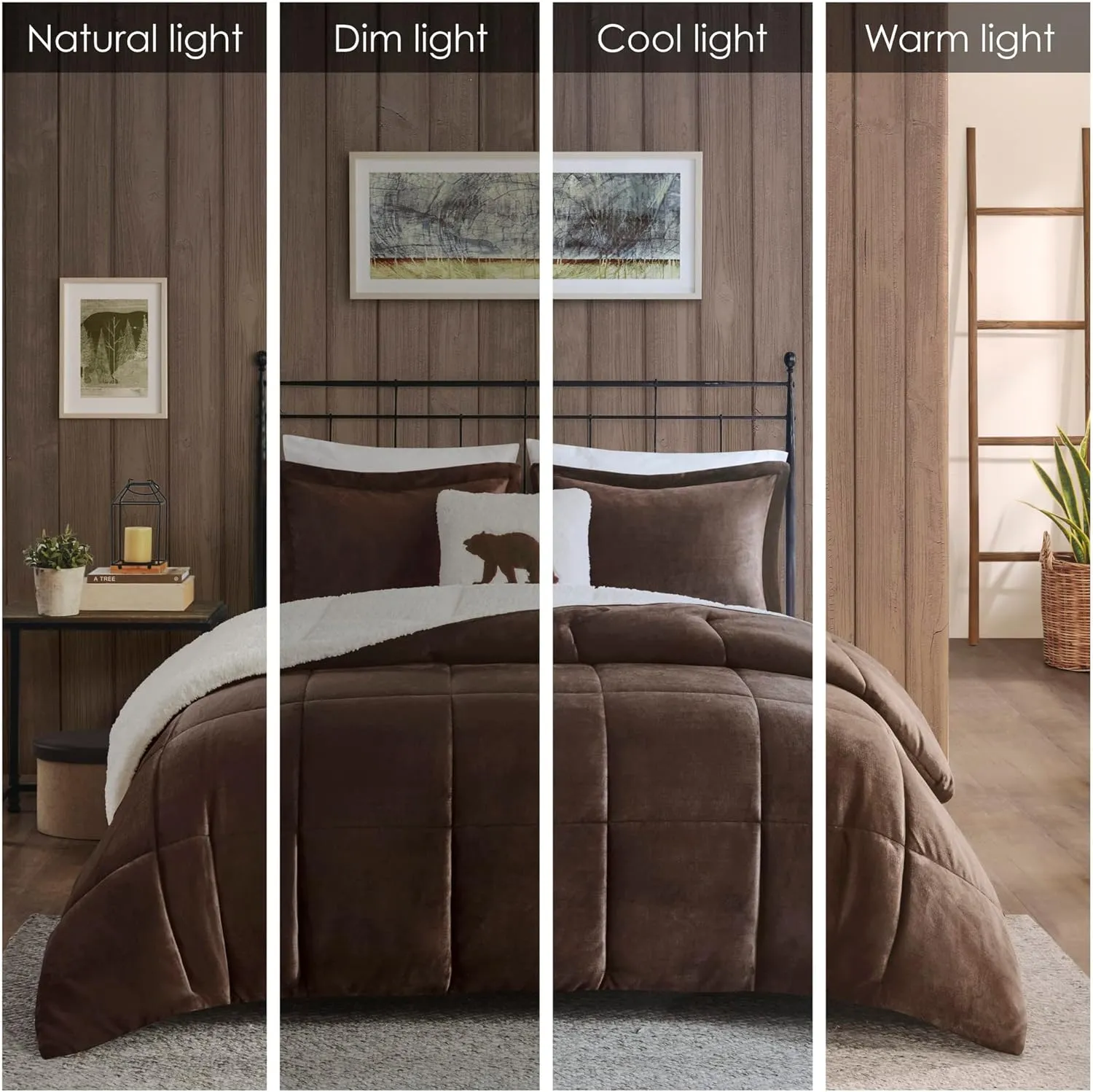 Woolrich Reversible Comforter Set Ultra Soft Plush to Sherpa, Down Alternative, Cold Weather Winter Warm Bedding, with Matching Sham, Decorative Pillow Brown/Ivory King 4 Piece