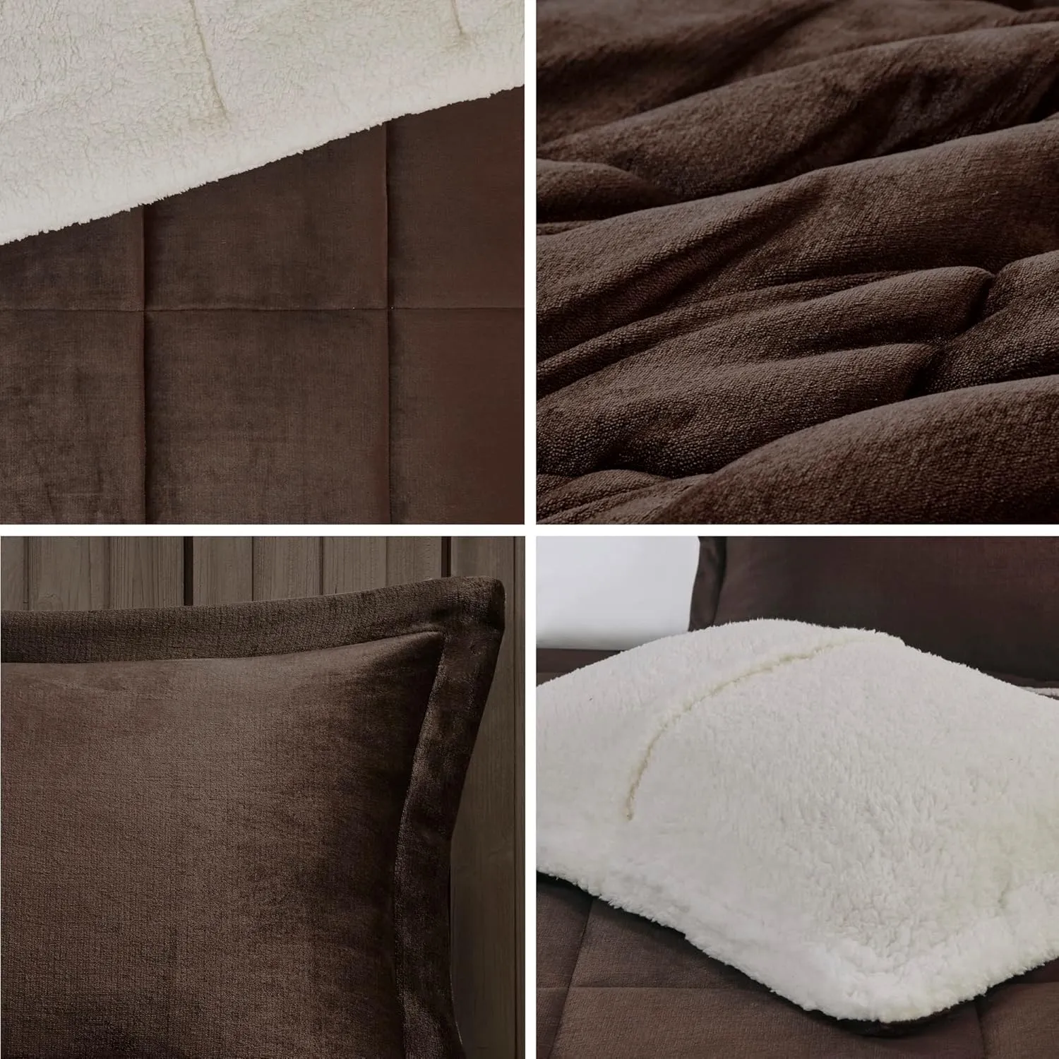 Woolrich Reversible Comforter Set Ultra Soft Plush to Sherpa, Down Alternative, Cold Weather Winter Warm Bedding, with Matching Sham, Decorative Pillow Brown/Ivory King 4 Piece