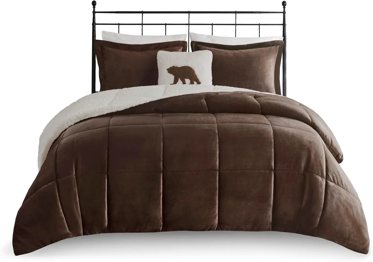 Woolrich Reversible Comforter Set Ultra Soft Plush to Sherpa, Down Alternative, Cold Weather Winter Warm Bedding, with Matching Sham, Decorative Pillow Brown/Ivory King 4 Piece