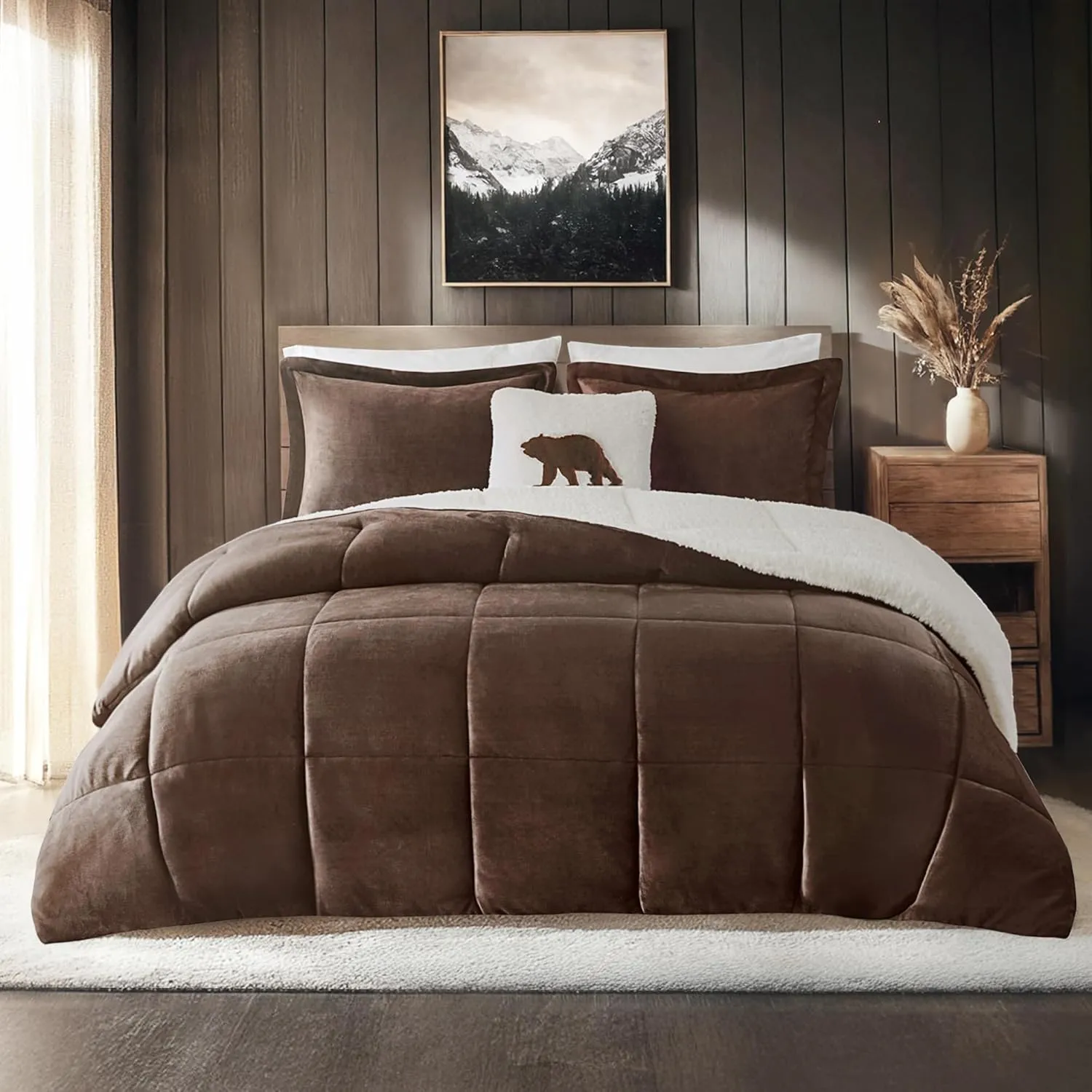 Woolrich Reversible Comforter Set Ultra Soft Plush to Sherpa, Down Alternative, Cold Weather Winter Warm Bedding, with Matching Sham, Decorative Pillow Brown/Ivory King 4 Piece