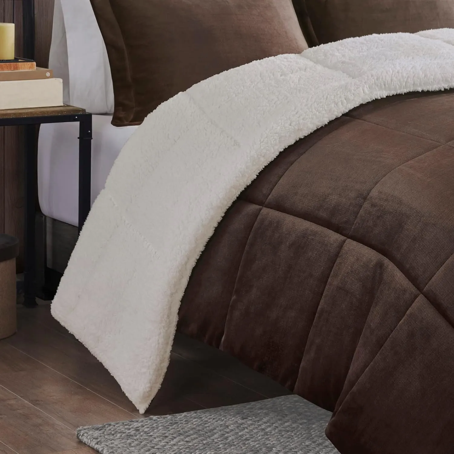 Woolrich Reversible Comforter Set Ultra Soft Plush to Sherpa, Down Alternative, Cold Weather Winter Warm Bedding, with Matching Sham, Decorative Pillow Brown/Ivory King 4 Piece