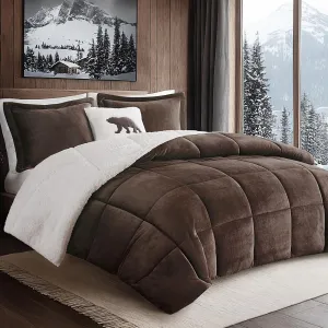 Woolrich Reversible Comforter Set Ultra Soft Plush to Sherpa, Down Alternative, Cold Weather Winter Warm Bedding, with Matching Sham, Decorative Pillow Brown/Ivory King 4 Piece