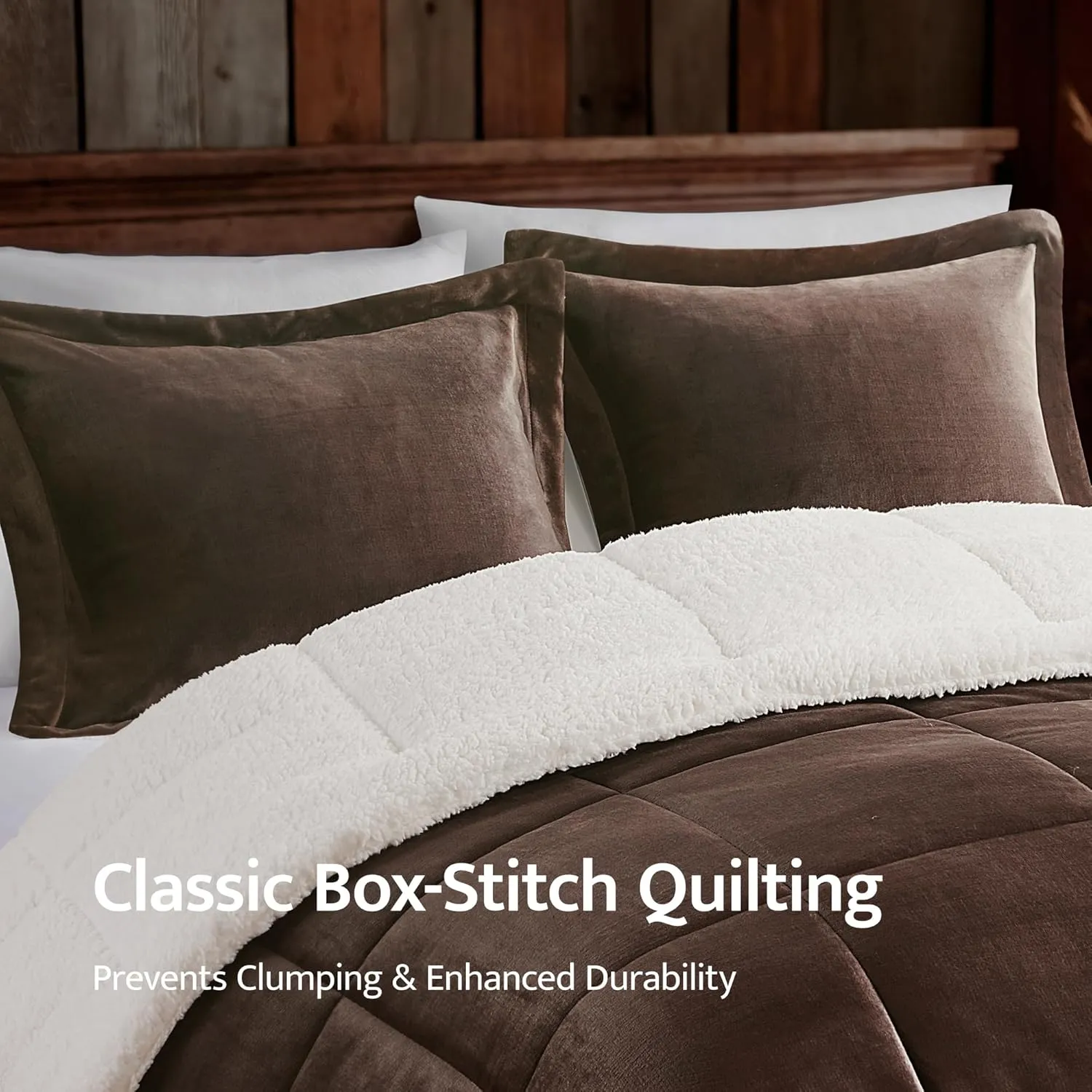 Woolrich Reversible Comforter Set Ultra Soft Plush to Sherpa, Down Alternative, Cold Weather Winter Warm Bedding, with Matching Sham, Decorative Pillow Brown/Ivory King 4 Piece