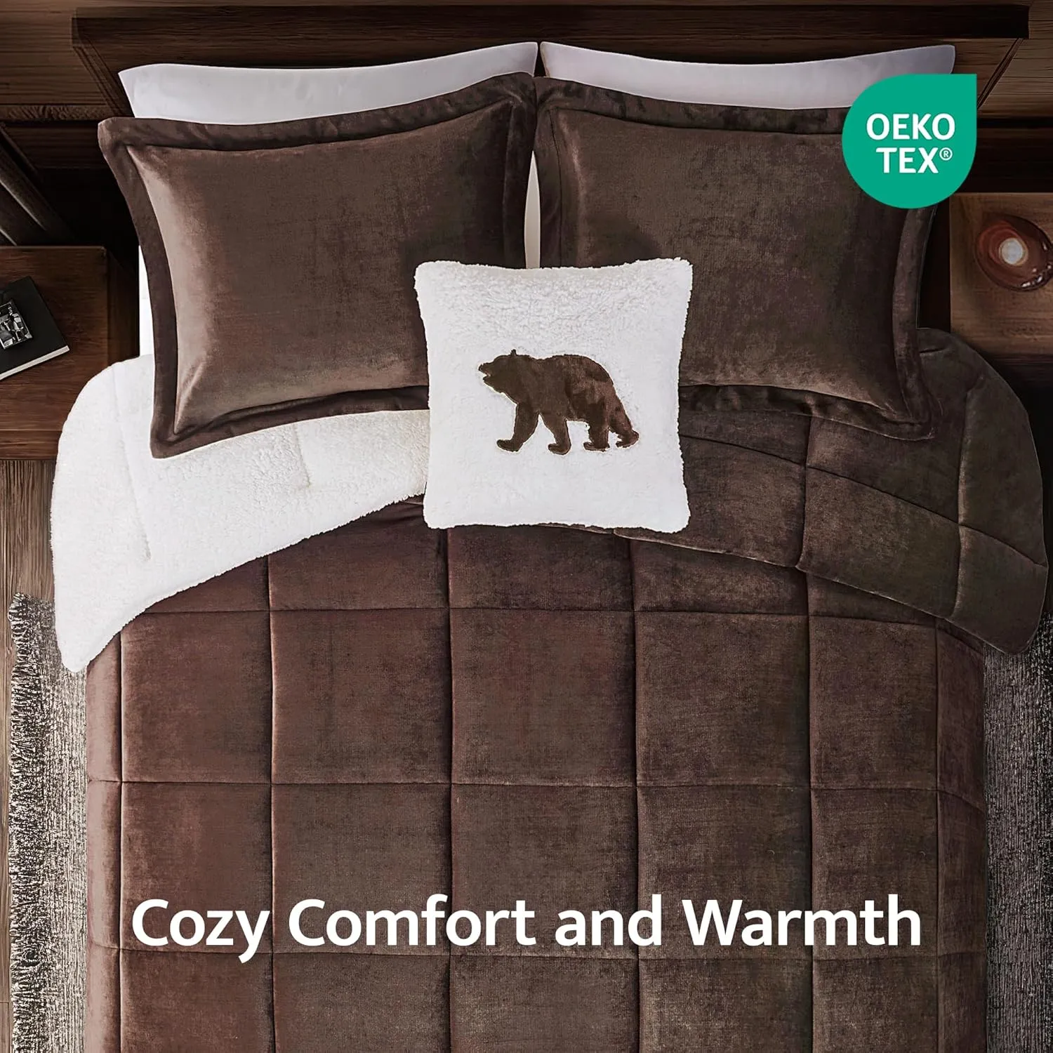 Woolrich Reversible Comforter Set Ultra Soft Plush to Sherpa, Down Alternative, Cold Weather Winter Warm Bedding, with Matching Sham, Decorative Pillow Brown/Ivory King 4 Piece