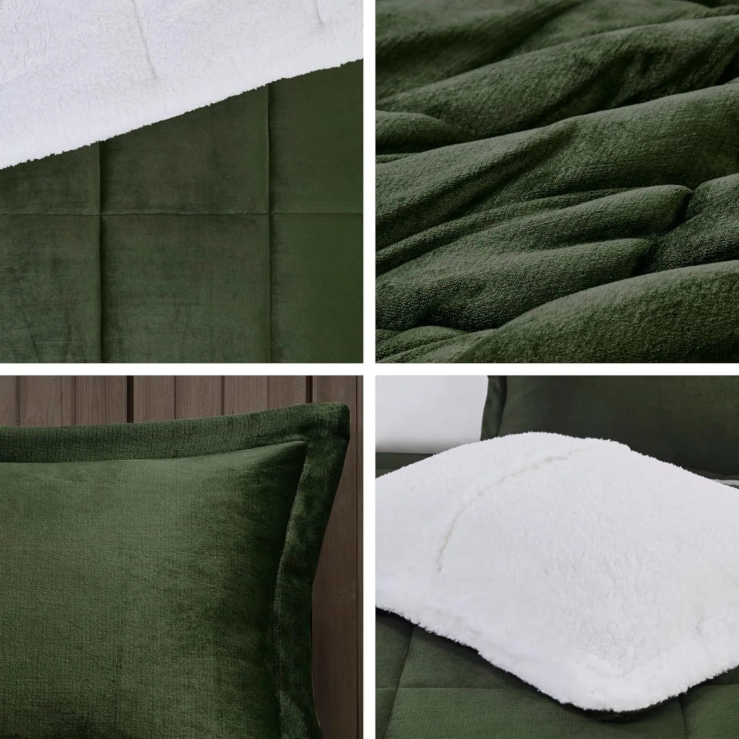Woolrich Reversible Comforter Set Ultra Soft Plush to Sherpa, Down Alternative, Cold Weather Winter Warm Bedding, with Matching Sham, Decorative Pillow Green/Ivory King 4 Piece
