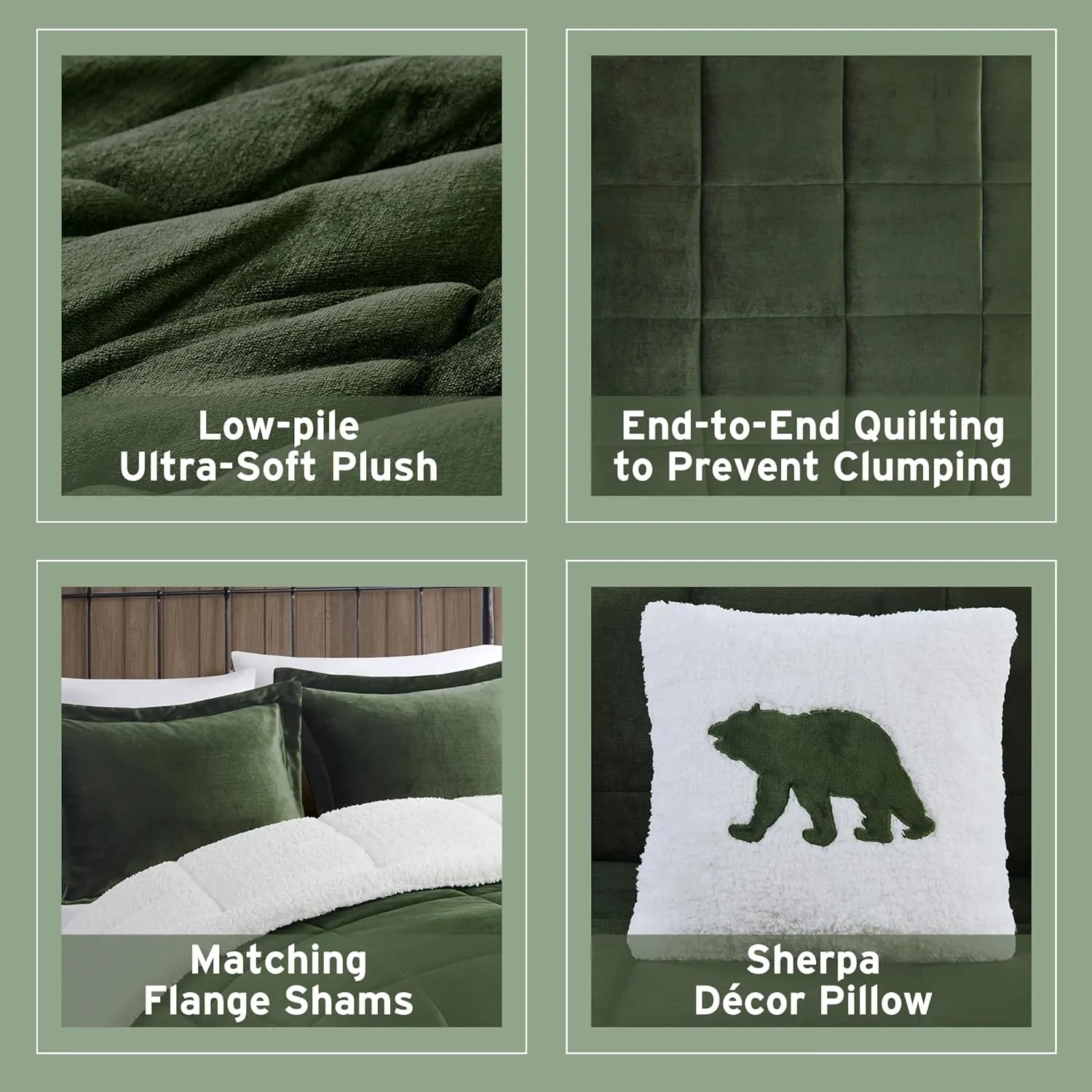 Woolrich Reversible Comforter Set Ultra Soft Plush to Sherpa, Down Alternative, Cold Weather Winter Warm Bedding, with Matching Sham, Decorative Pillow Green/Ivory King 4 Piece