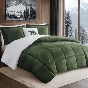 Woolrich Reversible Comforter Set Ultra Soft Plush to Sherpa, Down Alternative, Cold Weather Winter Warm Bedding, with Matching Sham, Decorative Pillow Green/Ivory King 4 Piece