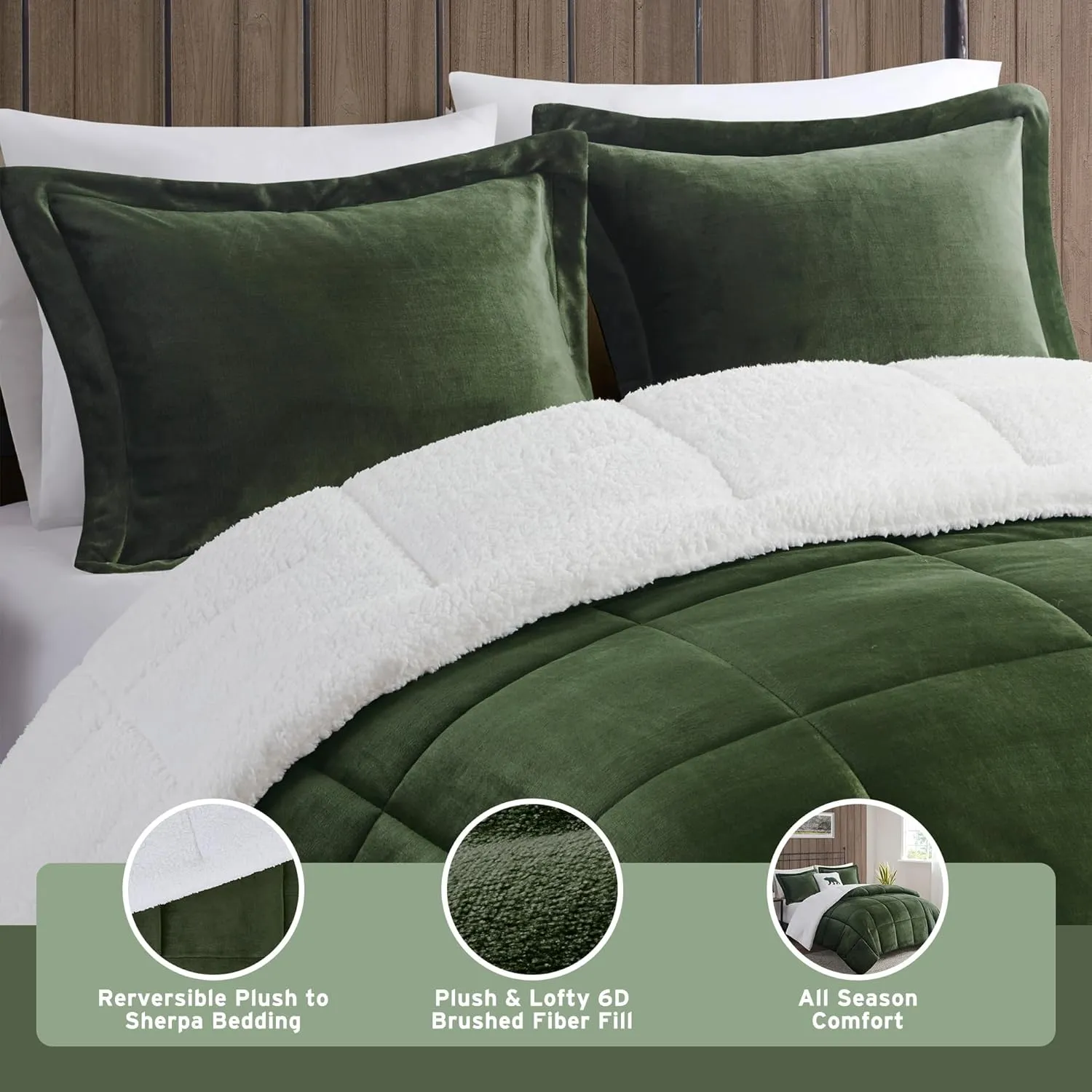 Woolrich Reversible Comforter Set Ultra Soft Plush to Sherpa, Down Alternative, Cold Weather Winter Warm Bedding, with Matching Sham, Decorative Pillow Green/Ivory King 4 Piece
