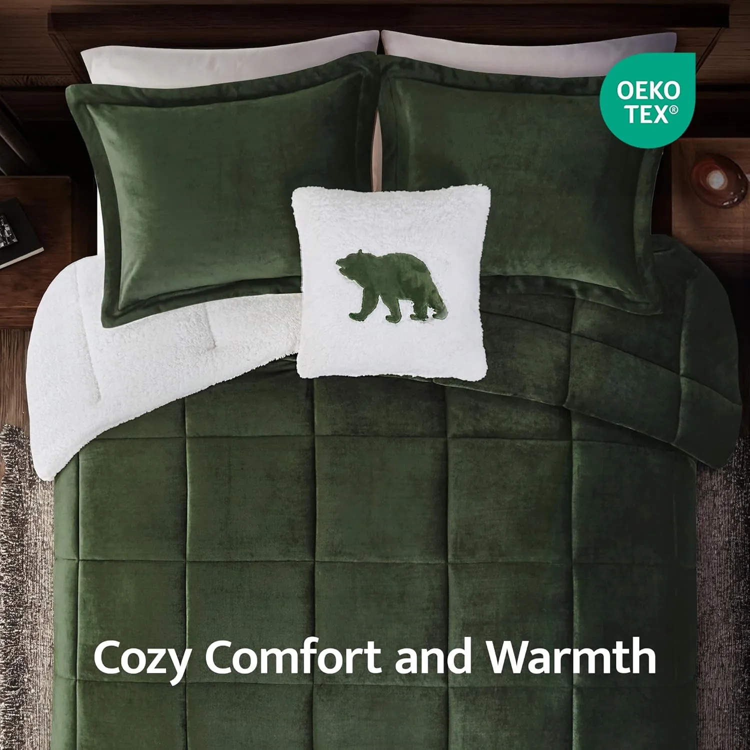Woolrich Reversible Comforter Set Ultra Soft Plush to Sherpa, Down Alternative, Cold Weather Winter Warm Bedding, with Matching Sham, Decorative Pillow Green/Ivory King 4 Piece