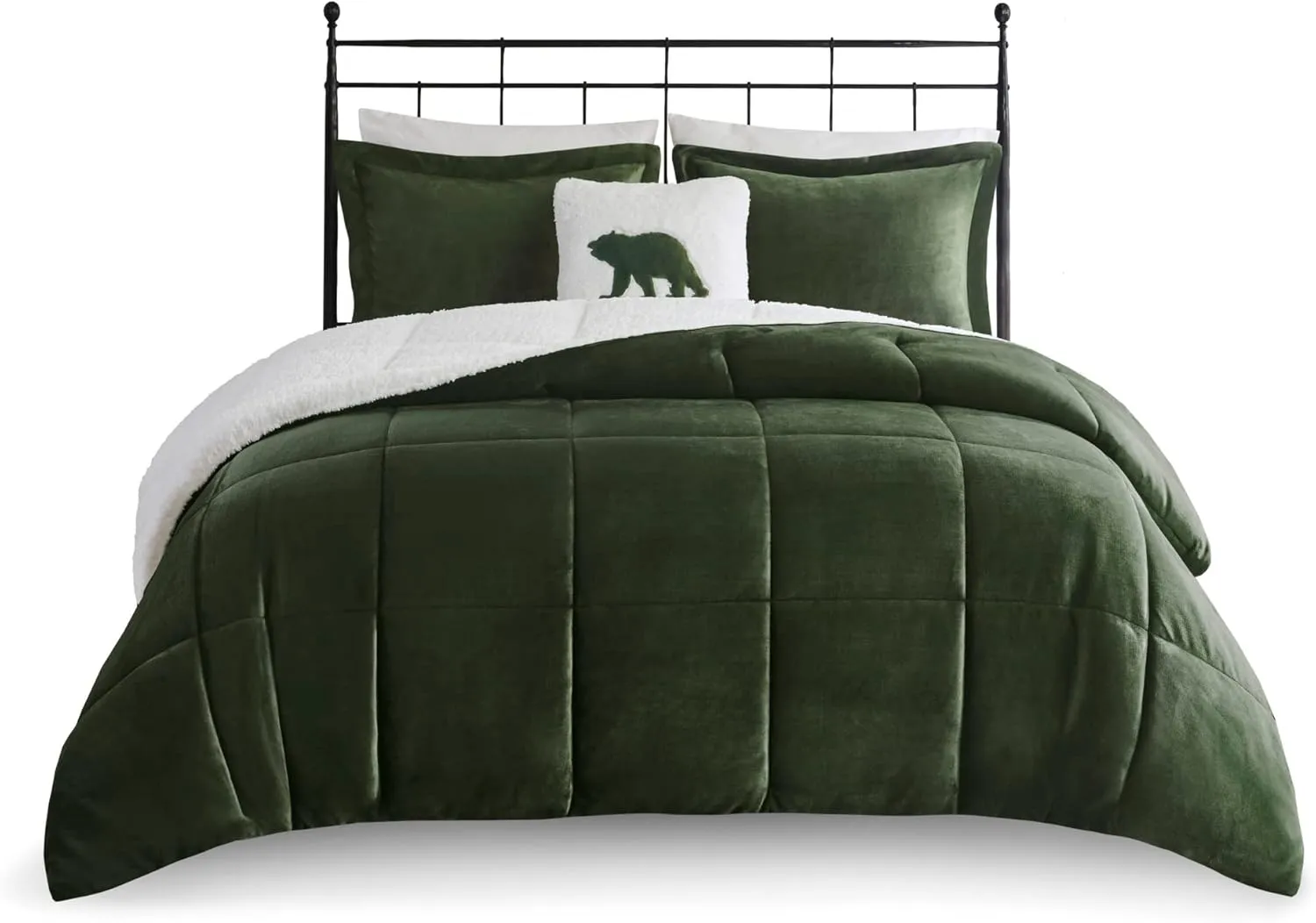 Woolrich Reversible Comforter Set Ultra Soft Plush to Sherpa, Down Alternative, Cold Weather Winter Warm Bedding, with Matching Sham, Decorative Pillow Green/Ivory King 4 Piece
