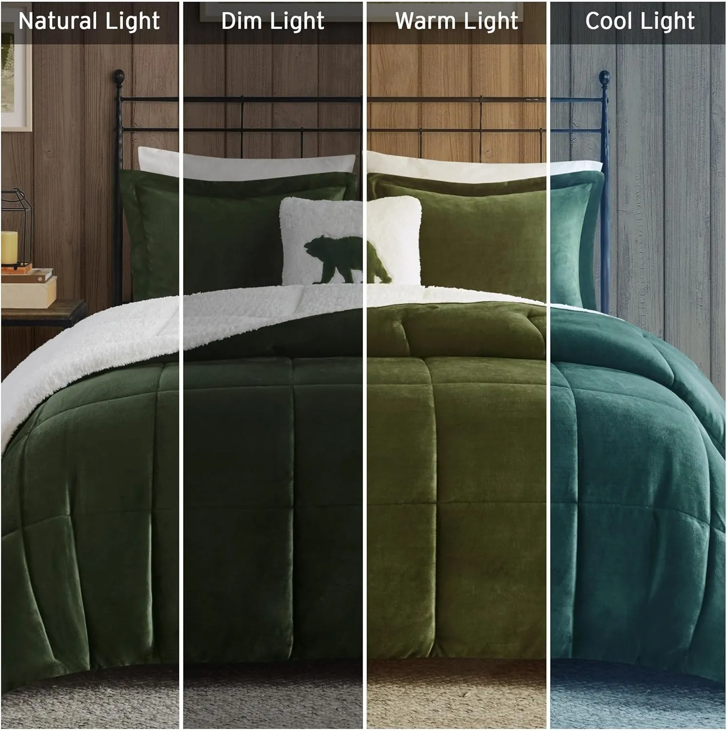 Woolrich Reversible Comforter Set Ultra Soft Plush to Sherpa, Down Alternative, Cold Weather Winter Warm Bedding, with Matching Sham, Decorative Pillow Green/Ivory King 4 Piece