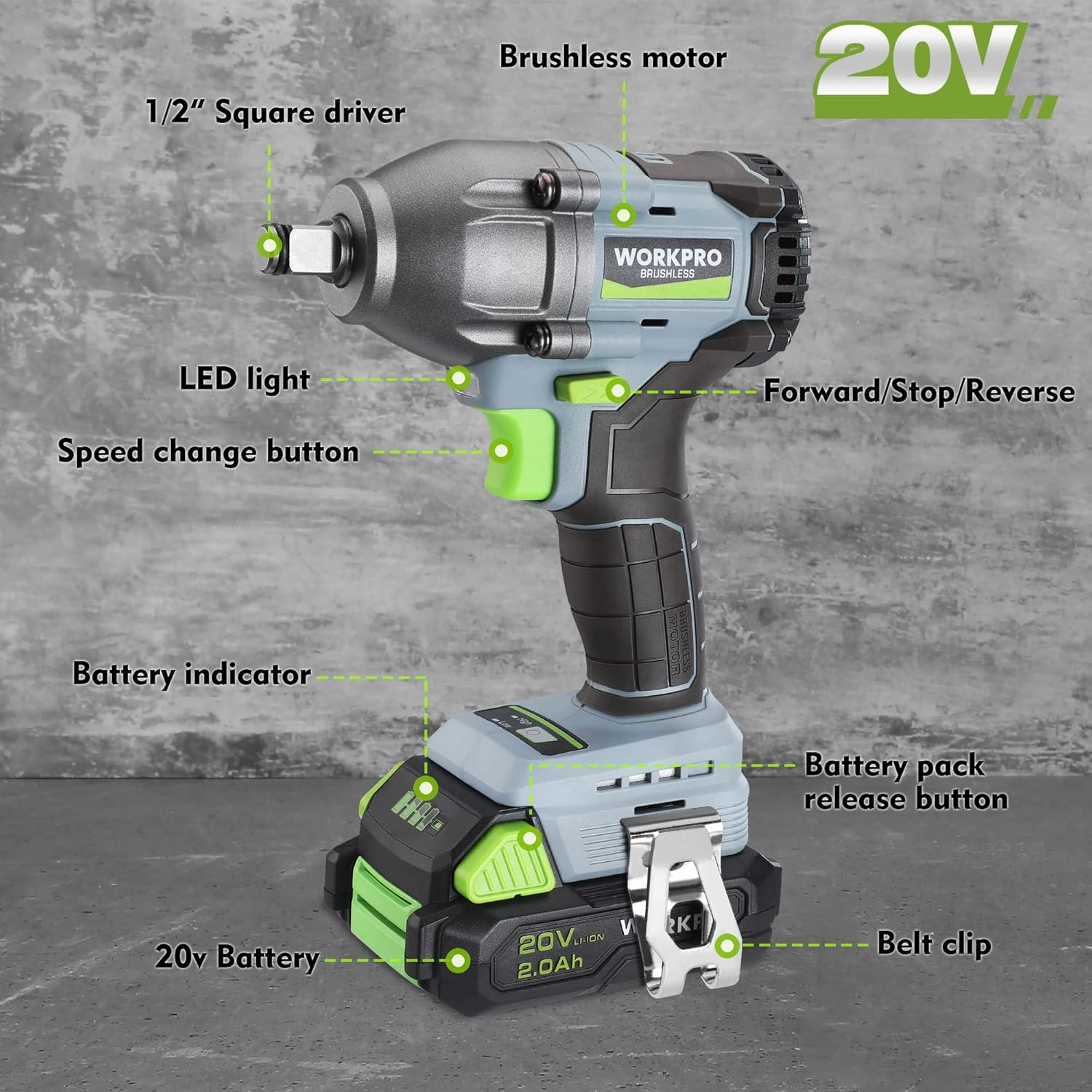 WORKPRO 20V Cordless Impact Wrench 1/2 in, Brushless Impact Gun with Battery and Charger, High Torque 370 ft-lbs (500N.m), LED Work Light and Belt Clip Included