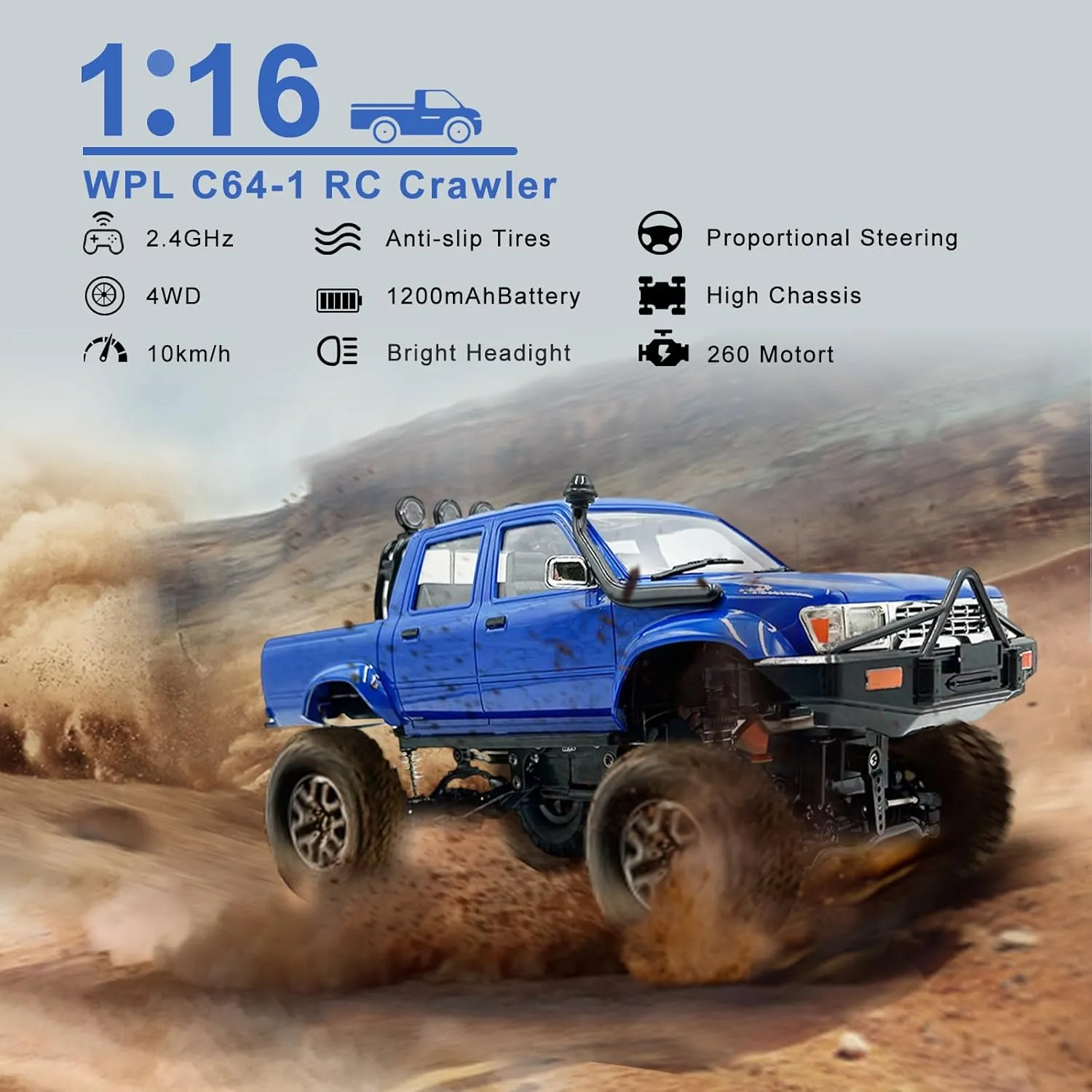 WPL C64-1 RC Car 1:16 Scale RC Crawler RTR RC Rock Truck 4x4 Off-Road Vehicle Mode 260 Motor New Gearbox with 3 Upgraded 1200mah Battery for Adult RC Hobby (Blue)