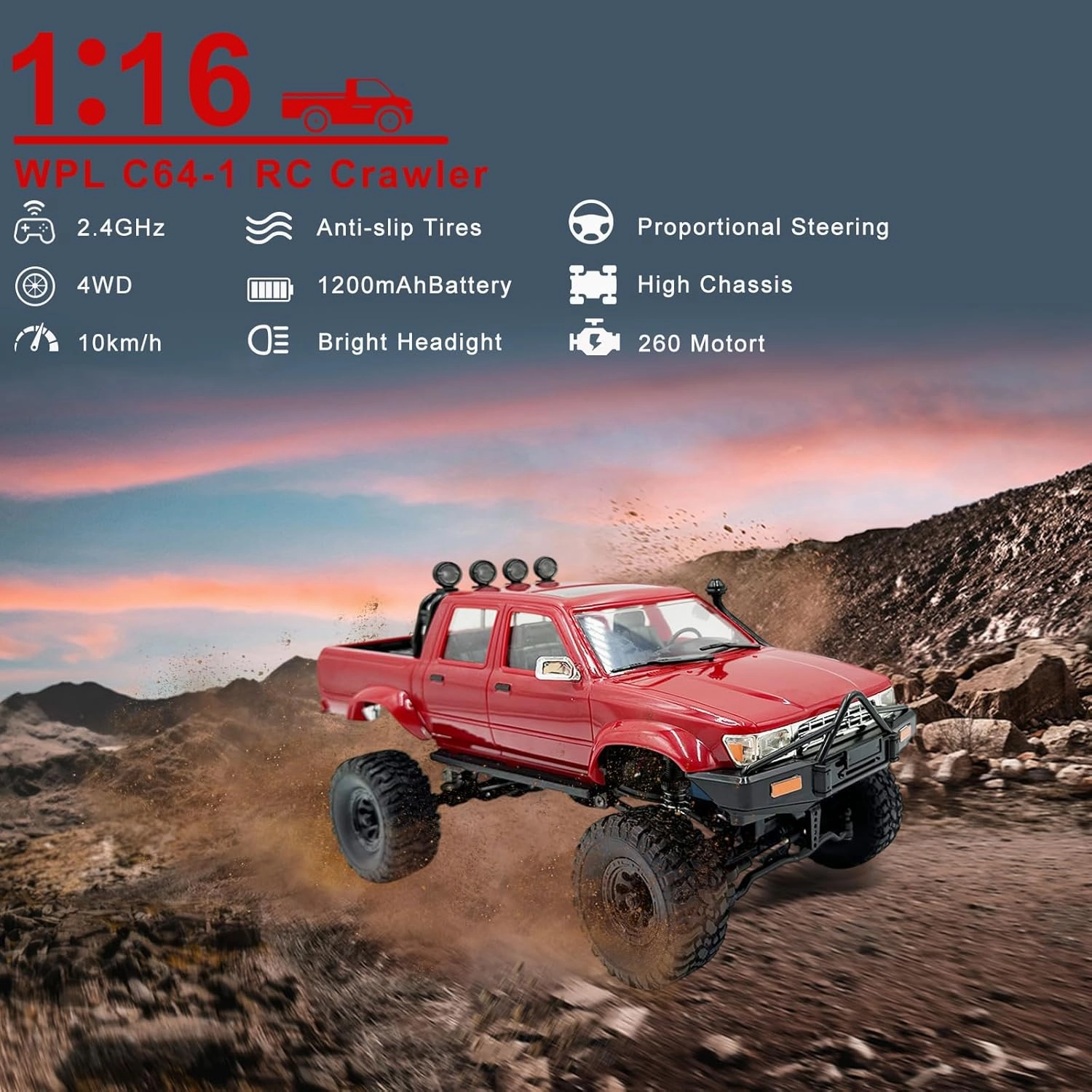 WPL C64-1 RC Car 1:16 Scale RC Crawler RTR RC Rock Truck 4x4 Off-Road Vehicle Mode 260 Motor New Gearbox with 3 Upgraded 1200mah Battery for Adult RC Hobby (Red)
