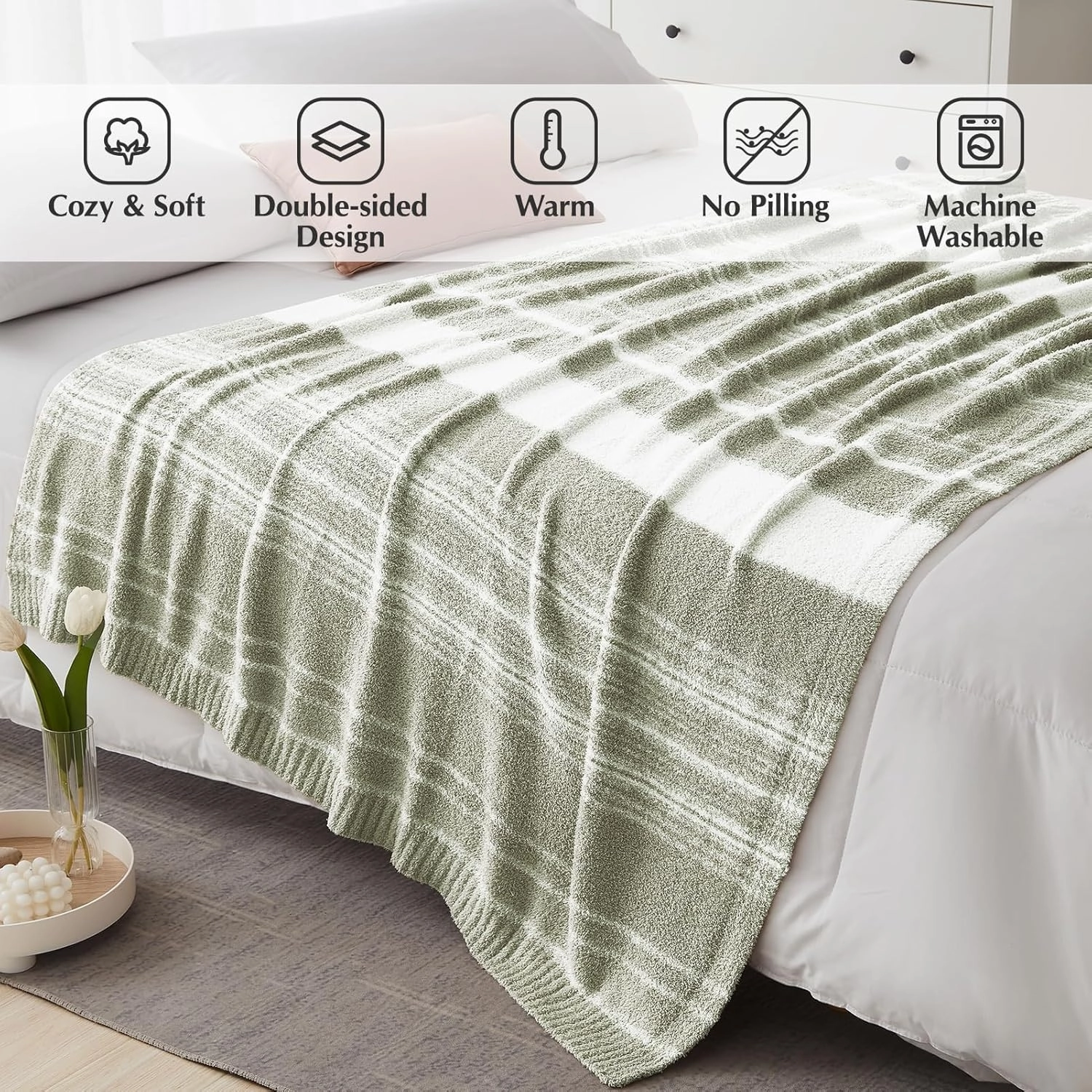 WRENGONGE Sage Green Throw Blanket, 50x70 Soft Cozy Striped Throw Blankets for Couch, Sofa, Bed, Travel, Lightweight Fluffy Warm Plush Decorative Blankets for Women, Men,Kids Gift