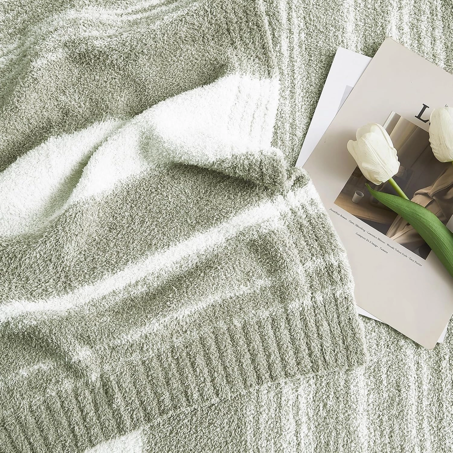 WRENGONGE Sage Green Throw Blanket, 50x70 Soft Cozy Striped Throw Blankets for Couch, Sofa, Bed, Travel, Lightweight Fluffy Warm Plush Decorative Blankets for Women, Men,Kids Gift