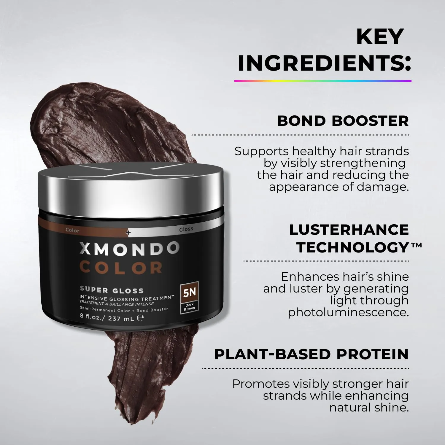 XMONDO Color Dark Brown Color Depositing Mask & Semi-Permanent Hair Dye Super Gloss | Infused with Bond Boosters for Nourishment, Revitalize & Repair, Vegan Formula, 8 Fl Oz 1-Pack
