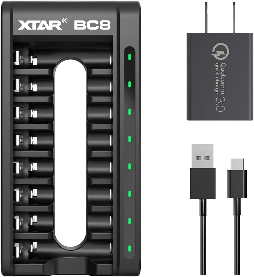 XTAR New BC8 8 Bay Fast Type C Charger for 1.5V AAA AA Lithium and 1.2V Ni-MH AA AAA Rechargeable Battery (BC8 Charger QC3.0)
