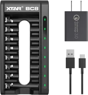 XTAR New BC8 8 Bay Fast Type C Charger for 1.5V AAA AA Lithium and 1.2V Ni-MH AA AAA Rechargeable Battery (BC8 Charger QC3.0)