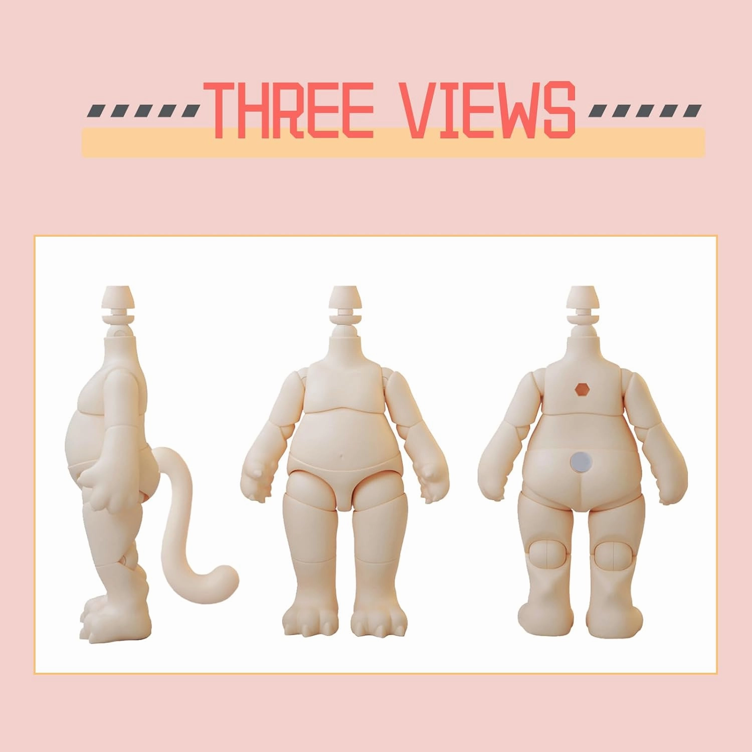 YMY Pear Shaped Doll Body with Animal Tail Mini 1/12 Scale Cute Fat Action Figure Suitable for YMY 1/12 1/8 BJD GSC Doll Head （Light Tan）