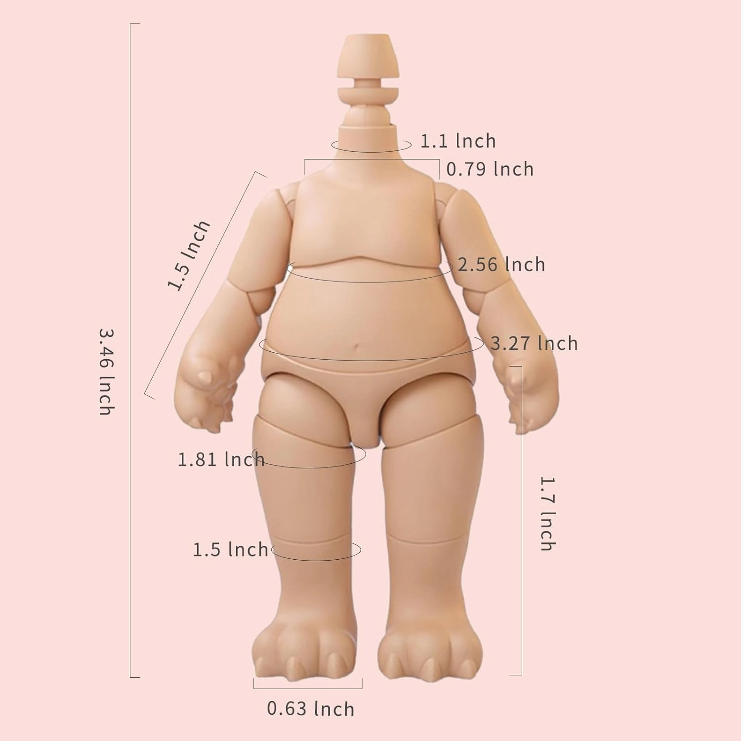 YMY Pear Shaped Doll Body with Animal Tail Mini 1/12 Scale Cute Fat Action Figure Suitable for YMY 1/12 1/8 BJD GSC Doll Head （Light Tan）