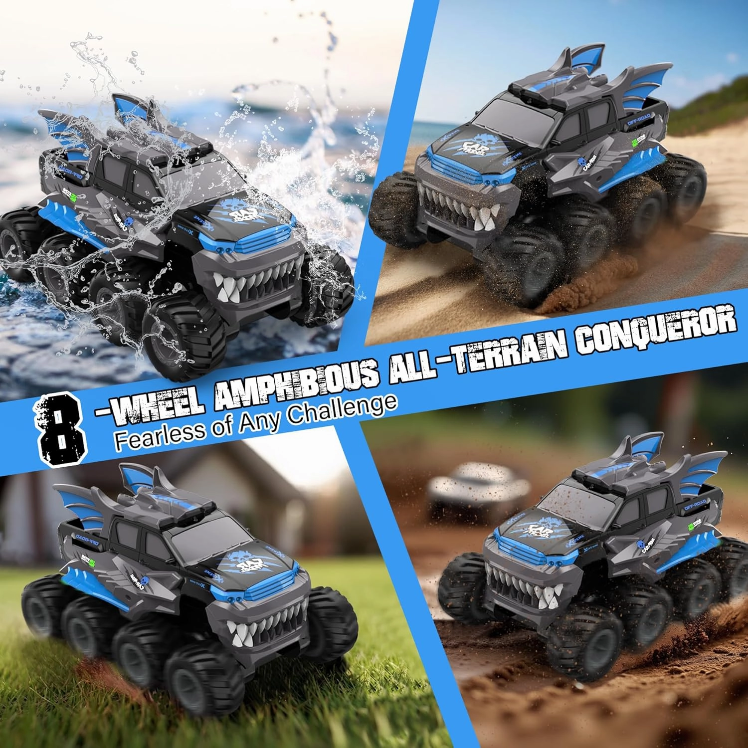 YOLOPLUS  Amphibious Remote Control Car 8WD RC Monster Truck, 2.4GHZ 1:16 Waterproof All-Terrain Off-Road RC Cars Toys, Pool Toys Gifts for Boys and Girls Age 8-12, Blue